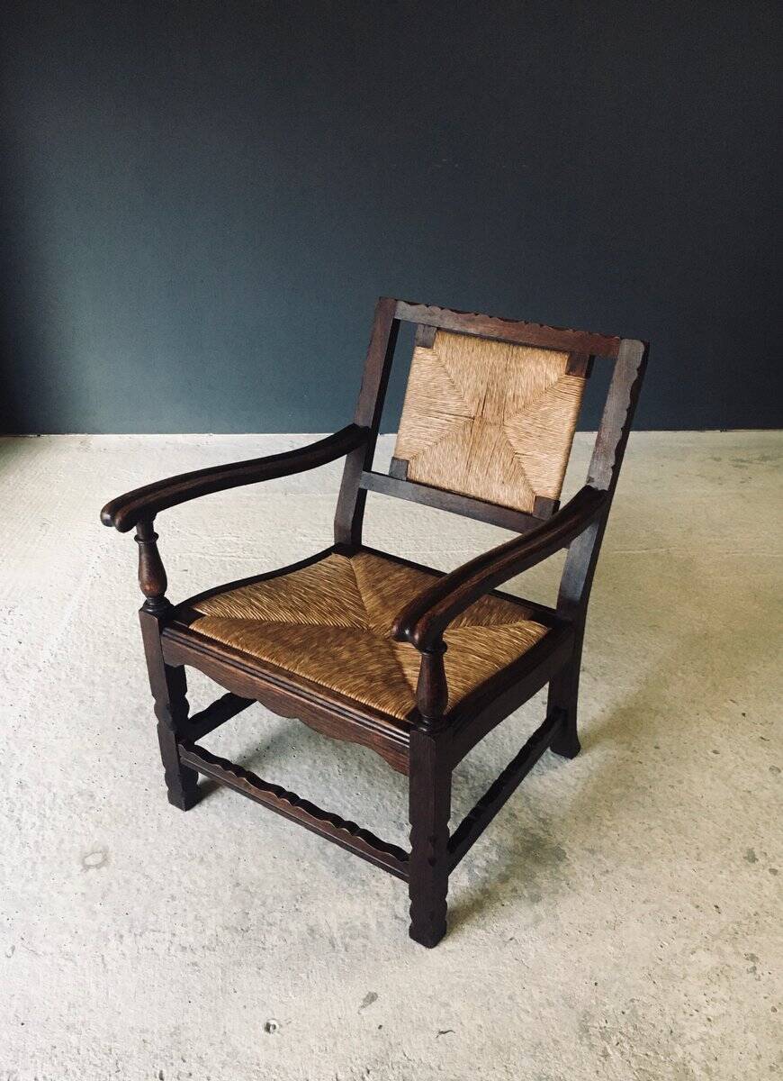 Low Arts & Crafts Oak & Rush Armchair, Belgium 1920s