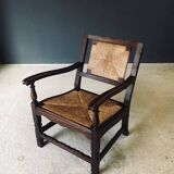 Low Arts & Crafts Oak & Rush Armchair, Belgium 1920s