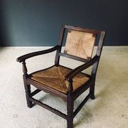 Low Arts & Crafts Oak & Rush Armchair, Belgium 1920s