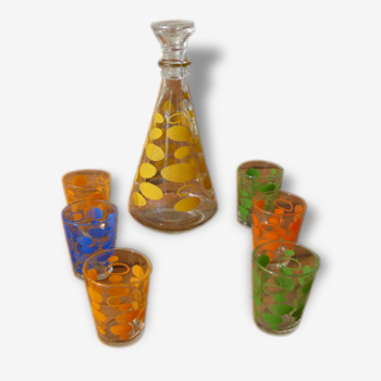 Carafe et 6 verres à liqueur, motifs bulles multicolores, BVB France, vintage 1970