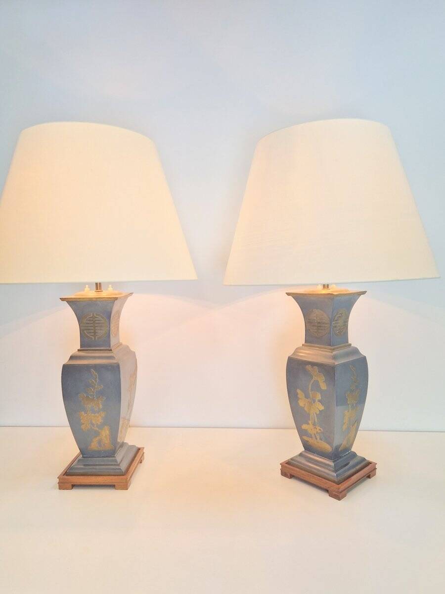 Vintage Asian Table Lamps in Pewter and Brass, 1950s, Set of 2