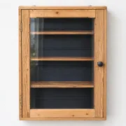 Antique wall display cabinet in natural wood and black – small glass-fronted collector's piece.