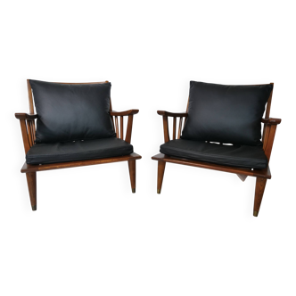 Ensemble de fauteuils de salon en cuir – Teck, style vintage des années 1960