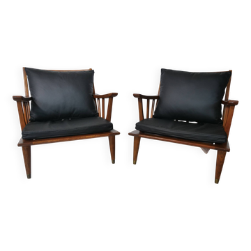Ensemble de fauteuils de salon en cuir – Teck, style vintage des années 1960