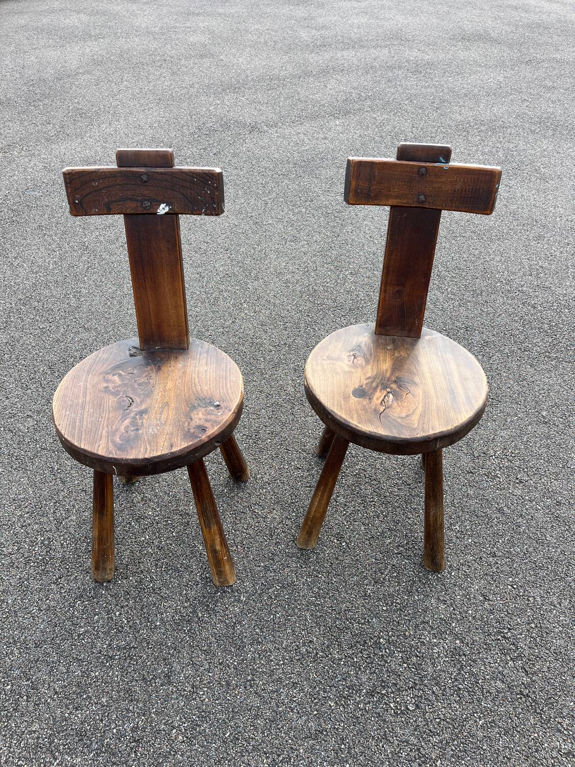 Pair of vintage Aranjou brutalist chairs in solid wood