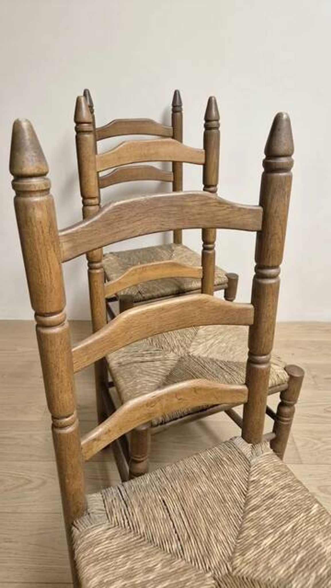 Set of 6 vintage wooden ladder-back dining chairs with woven seats