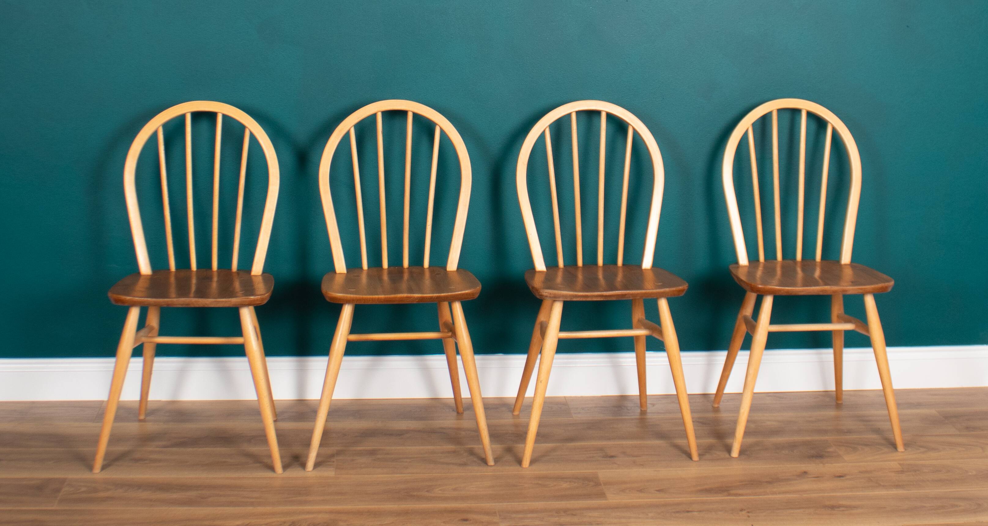 Retro Blonde Ercol Model 383 Dining Table & Four Model 370 Windsor Kitchen Dining Chairs