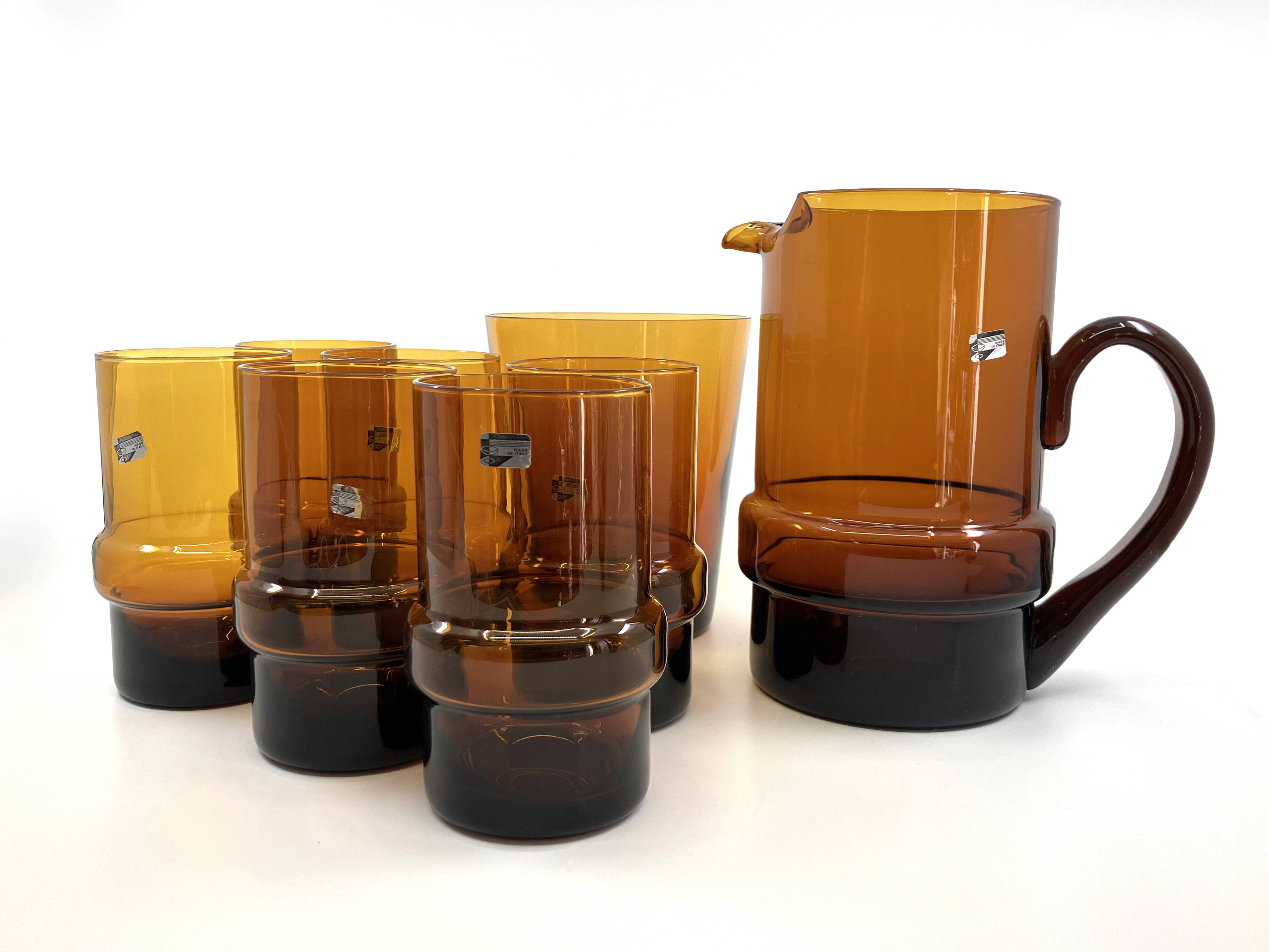 Set of 6 orangeade glasses / pitcher / ice bucket • Italy • 1970