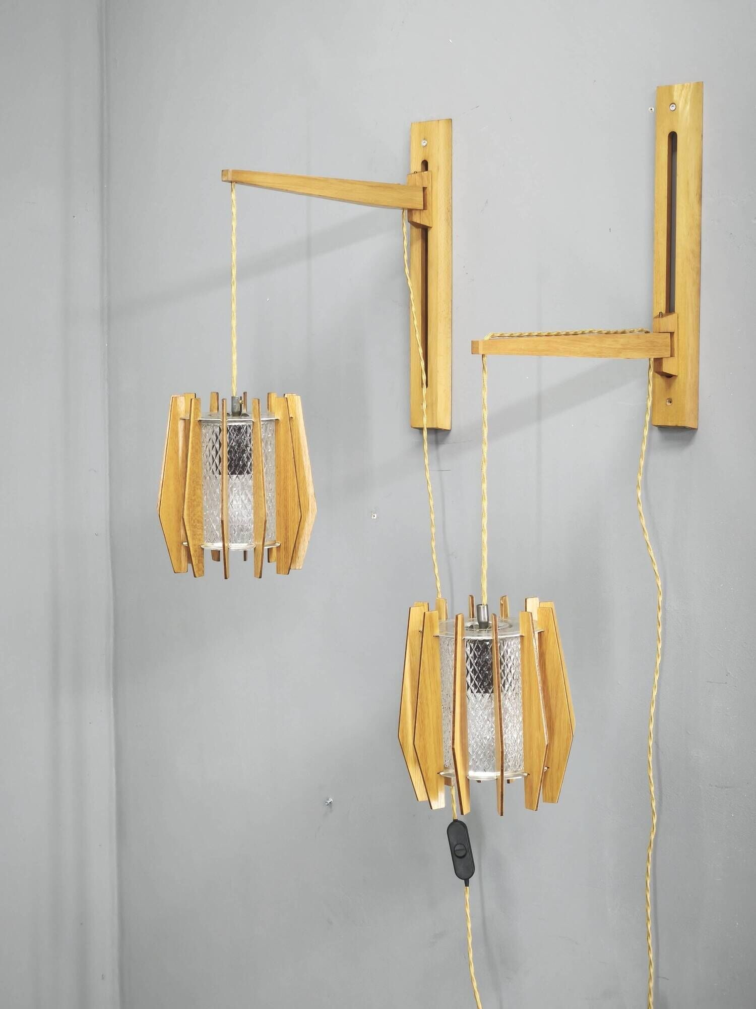 Pair of Dřevo Humpolec Adjustable Swing Arm Wall Lamps, 1960s