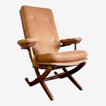 Fauteuil pliant relax vintage bois et velours avec accoudoirs - 70's