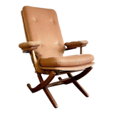 Folding armchair relax vintage wood and velvet with armrests - 70's