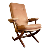 Folding armchair relax vintage wood and velvet with armrests - 70's