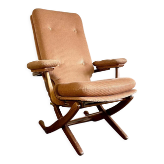 Fauteuil pliant relax vintage bois et velours avec accoudoirs - 70's