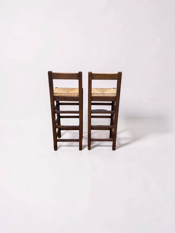 Lot de 2 tabourets de bar vintage en bois avec assise en paille tressée