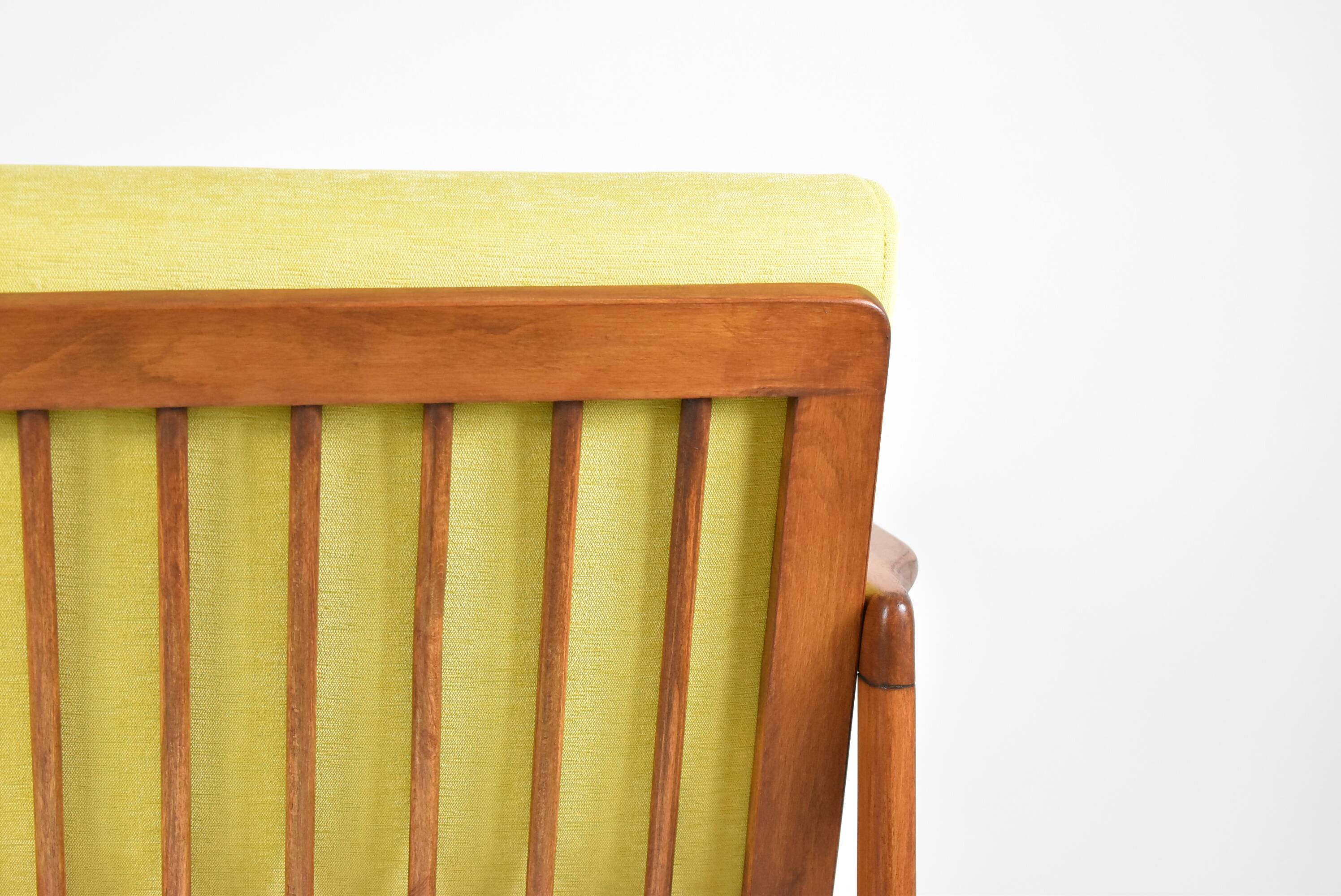 Scandinavian restored armchair, original 60s icon, yellow, teak