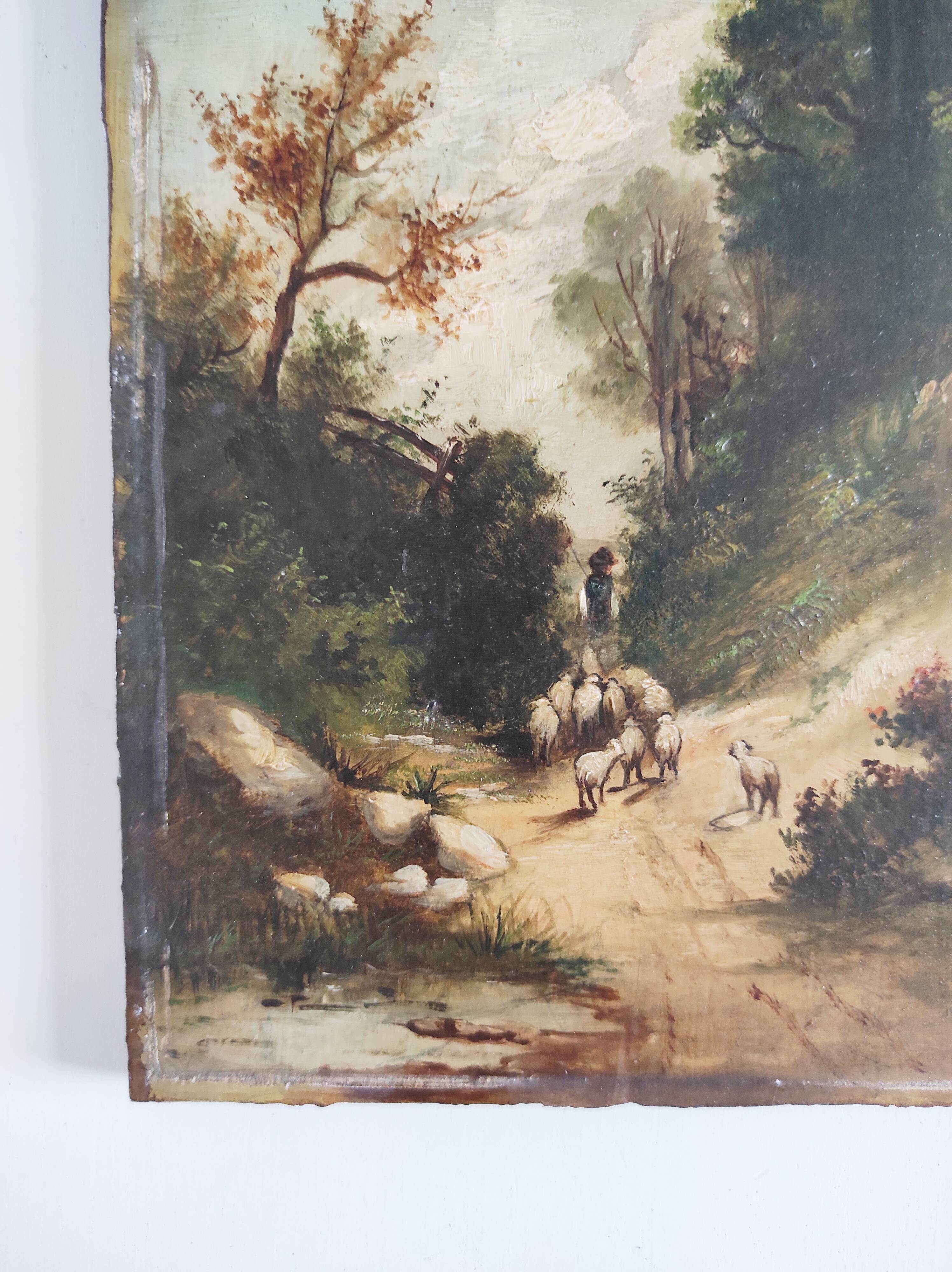 Shepherd with his sheep oil on panel 19th century