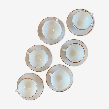 Set of 6 cups and subcups white and gold Arcopal