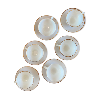 Lot de 6 tasses et sous-tasses blanches et dorées Arcopal