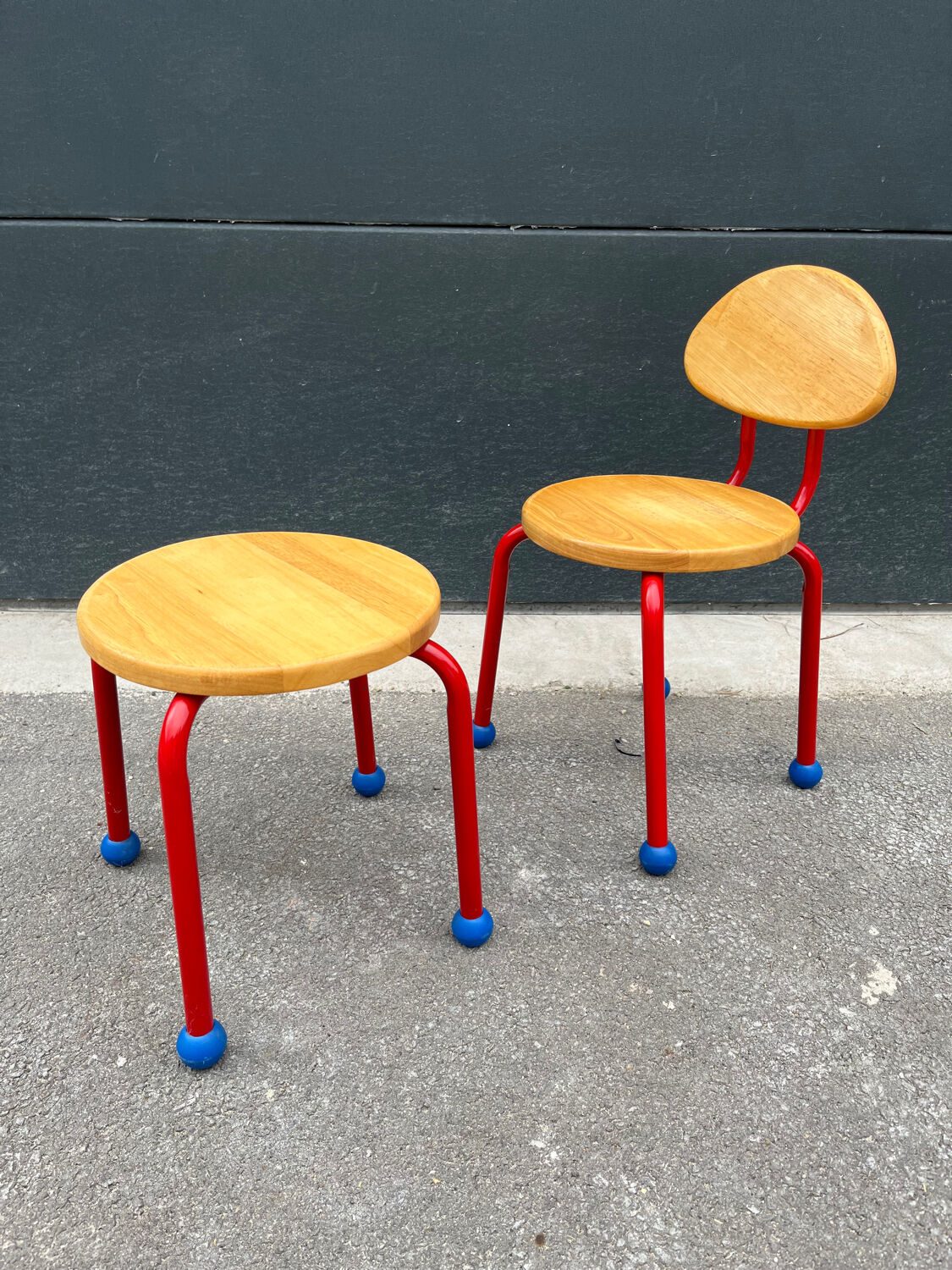 IKEA 90s wooden and metal children's chair and stool | Selency