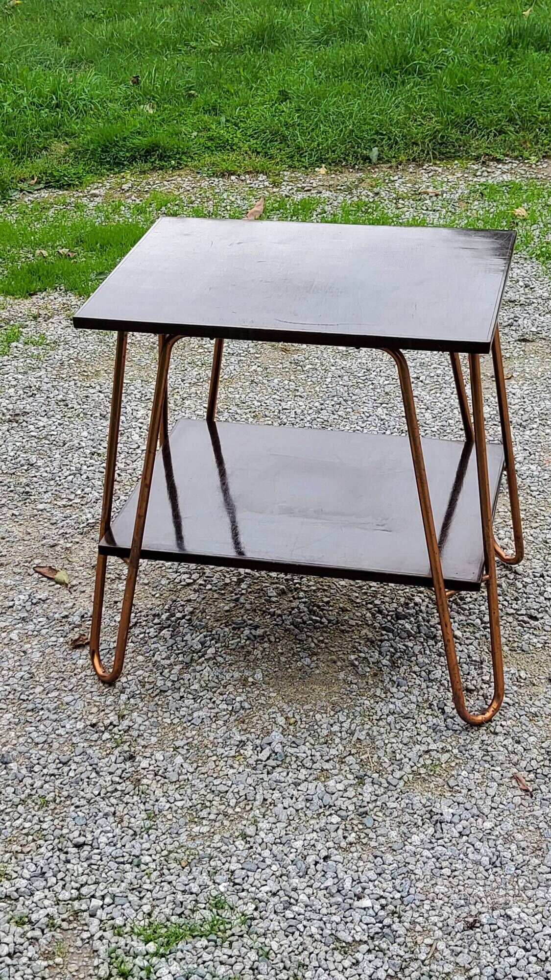 Vintage double wooden side table with copper base from the 50s