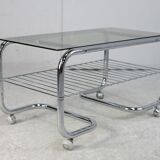 "Space age" coffee table, tubular steel, smoked glass, France, 1970s