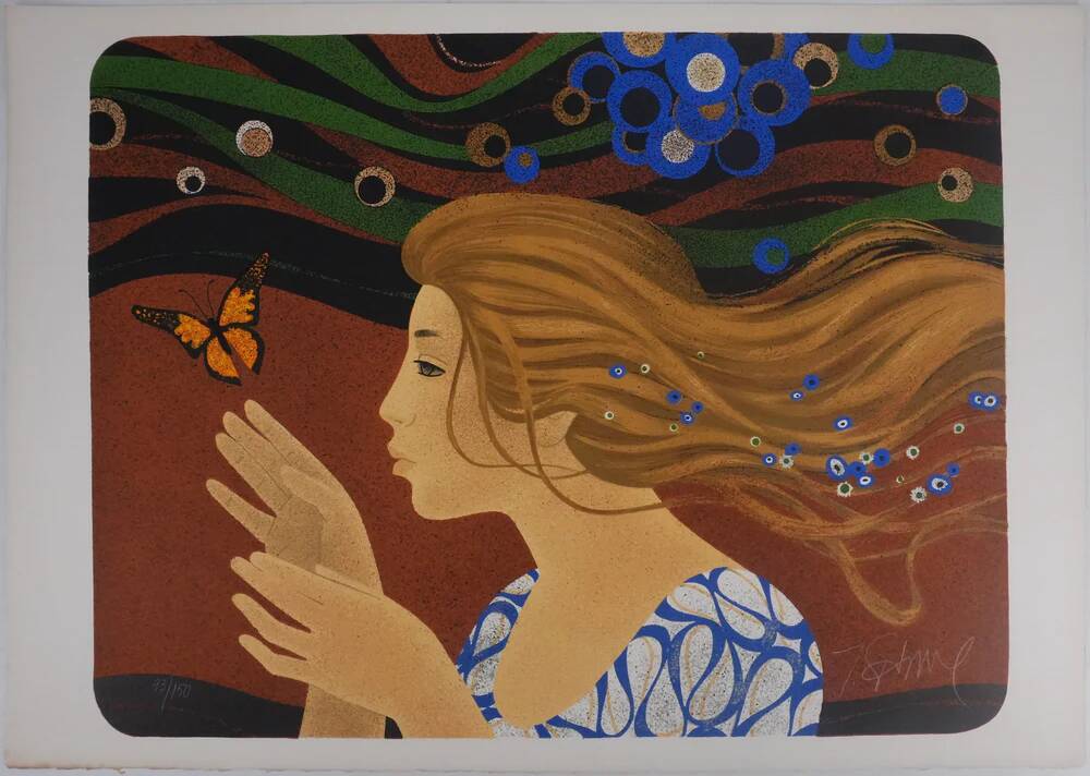Yves Ganne: The Woman with the Butterfly, original signed lithograph
