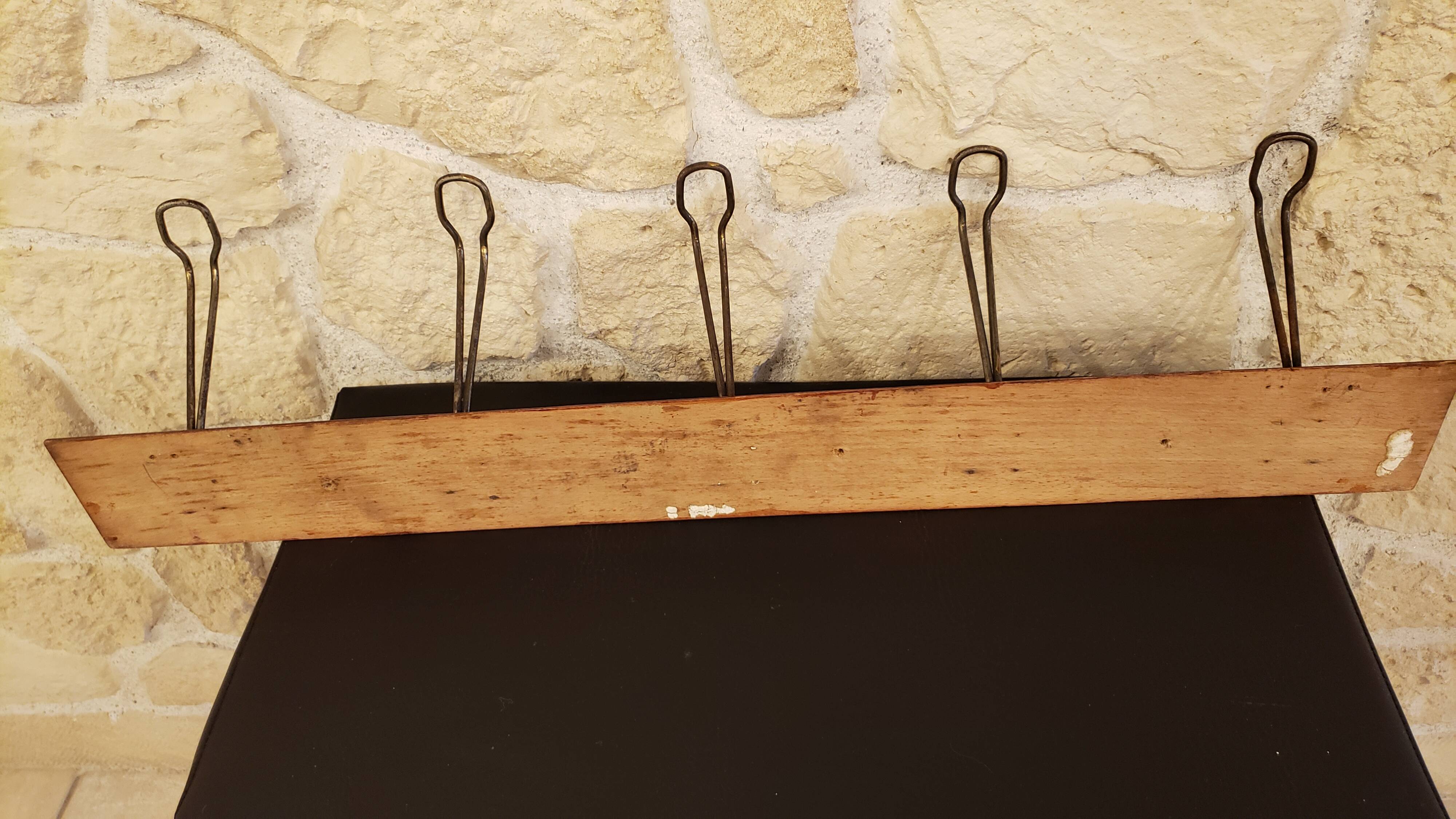 Old wood metal wall coat rack with 5 hooks
