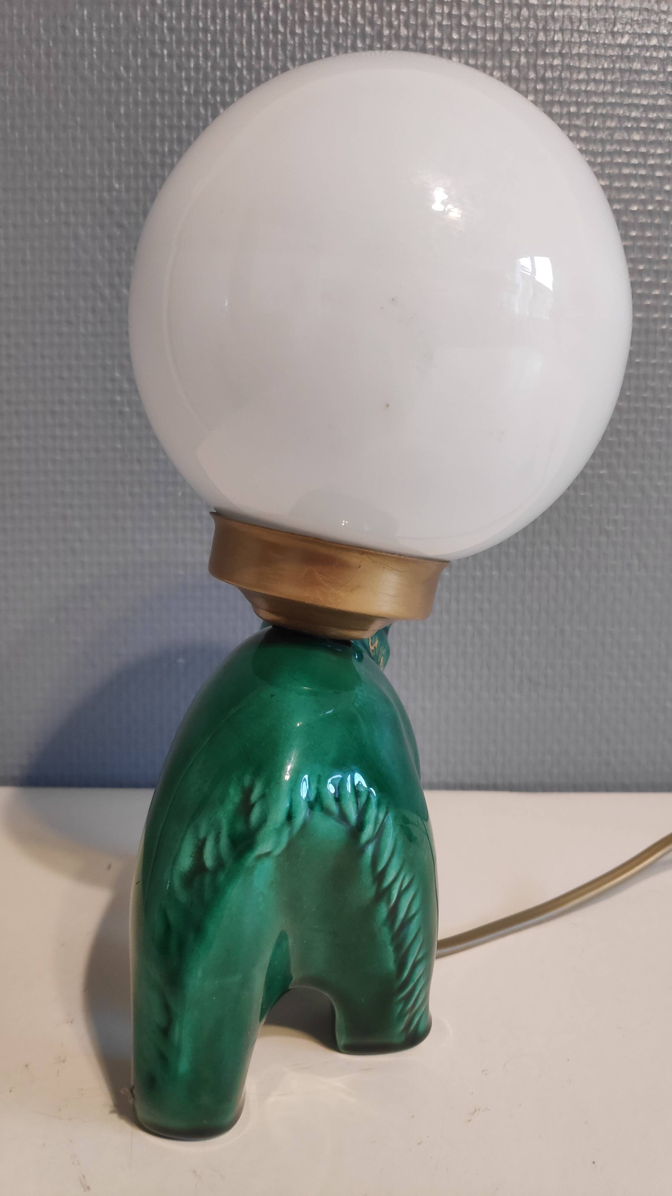 Green ceramic bear lamp and white opaline globe
