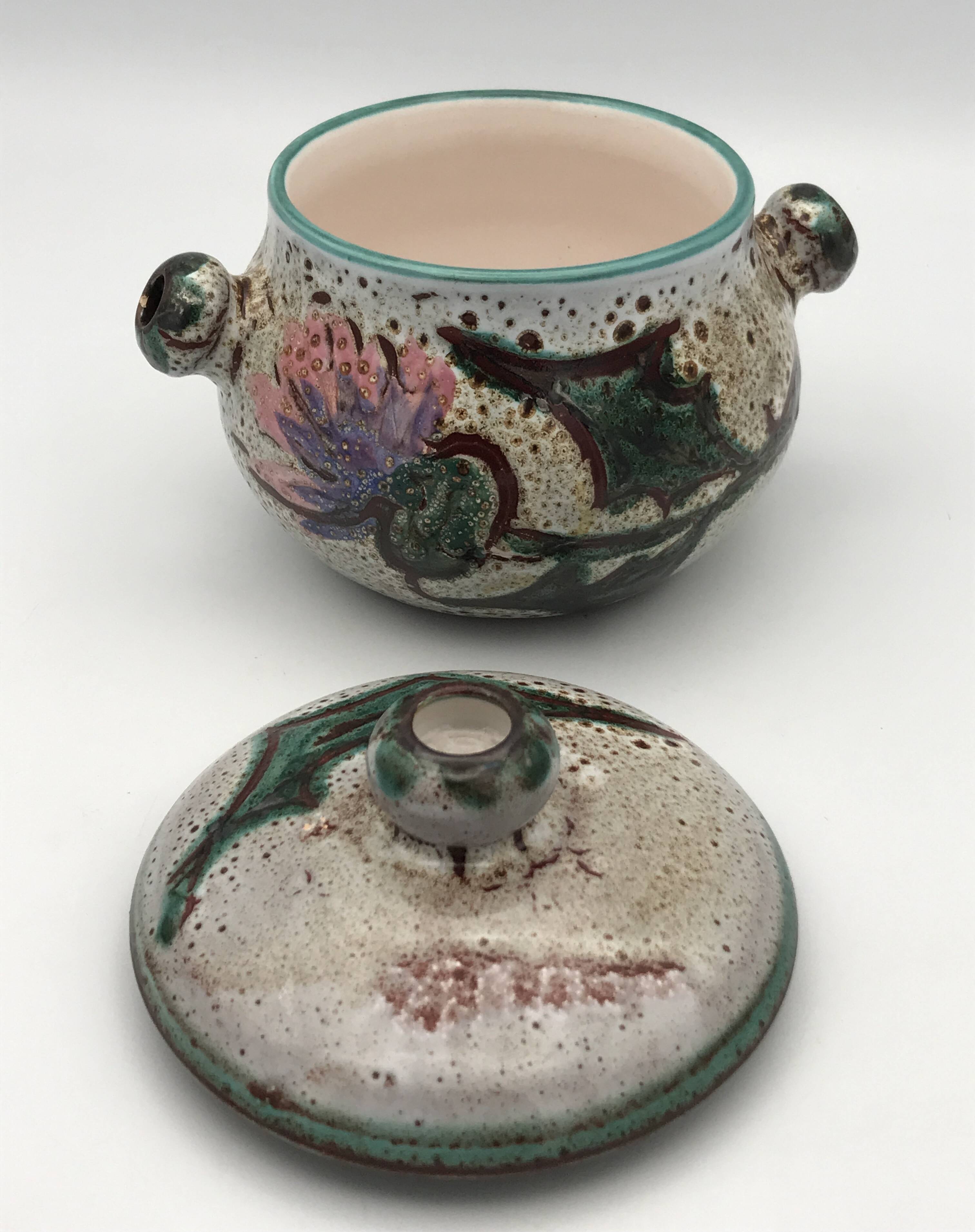 Vintage candy jar in enameled ceramic from Vallauris with thistle decoration