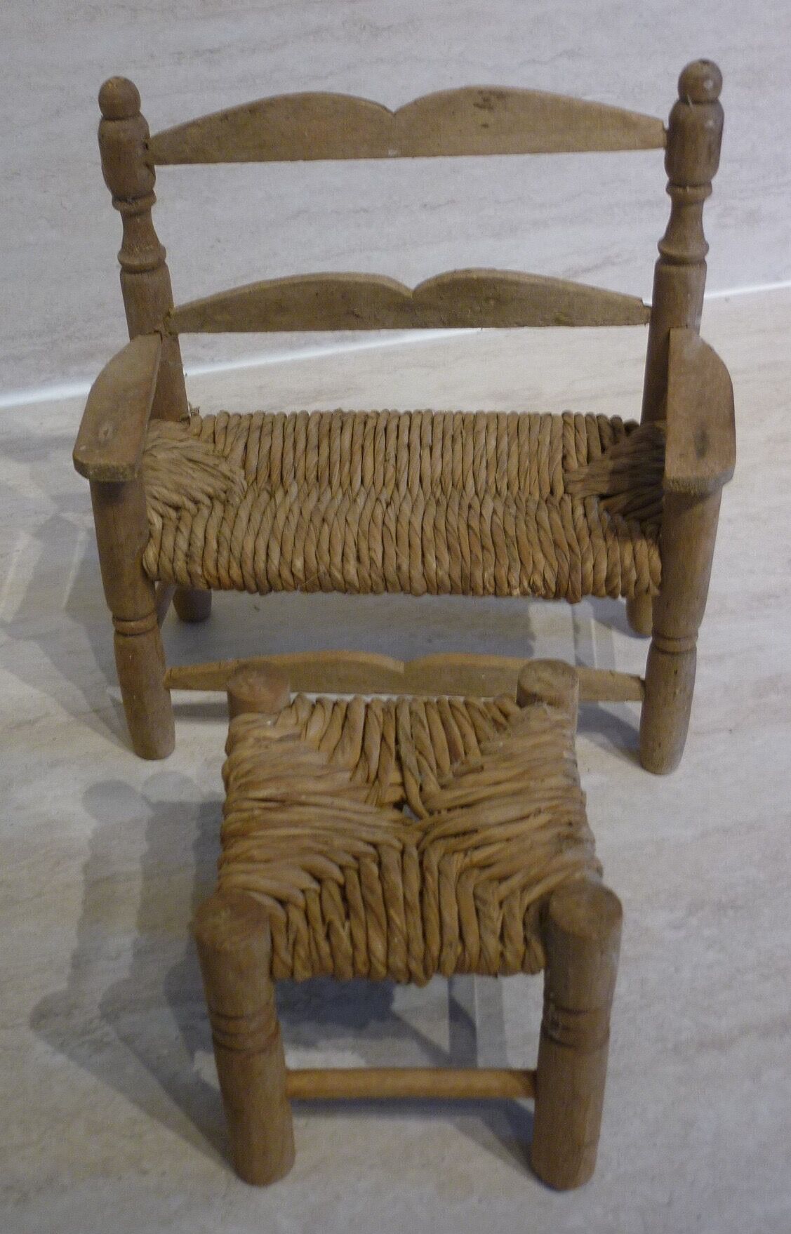 Wooden bench and stool and straw for doll