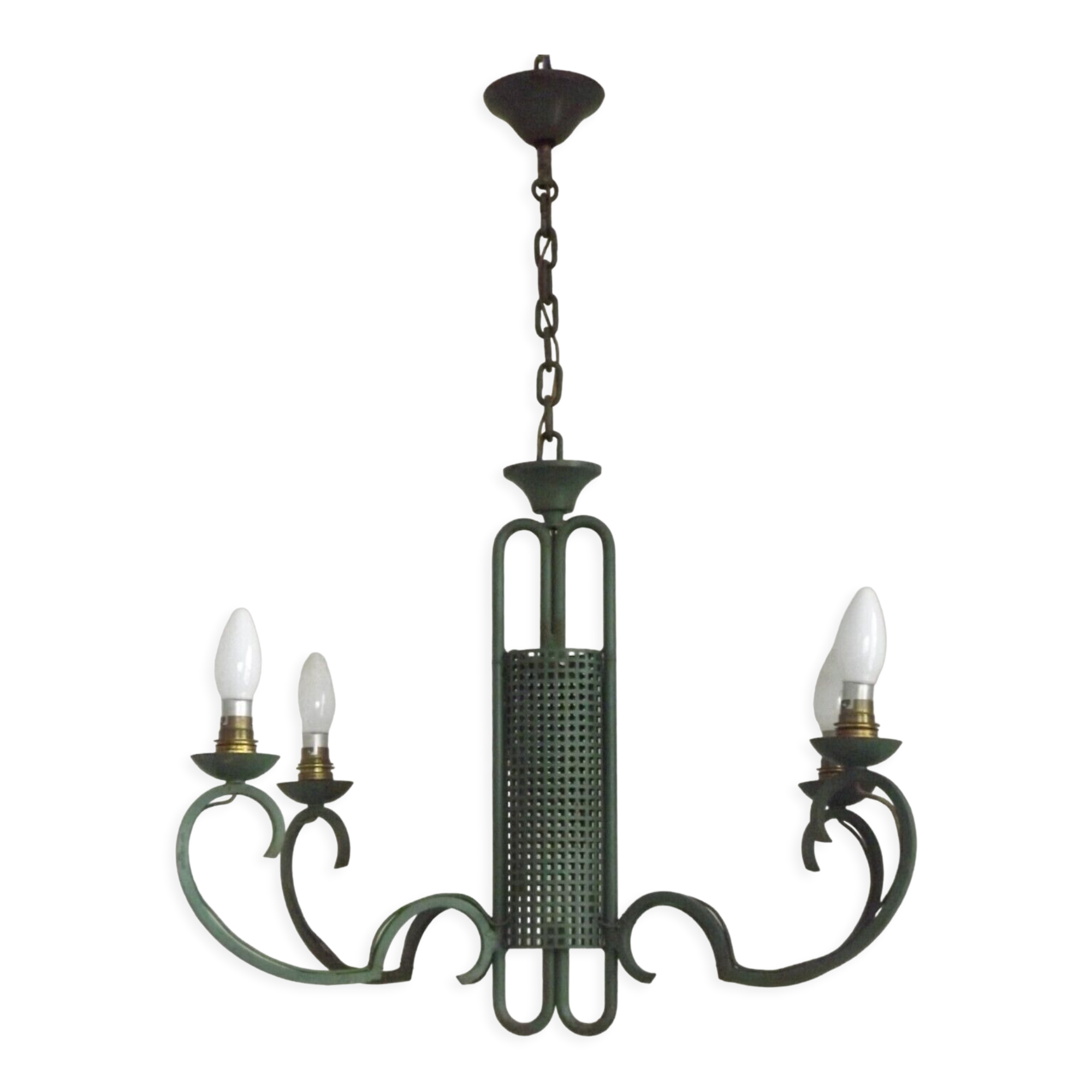 Green iron 4 light chandelier with scrolled arms