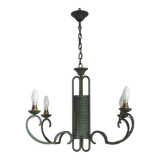 Green iron 4 light chandelier with scrolled arms