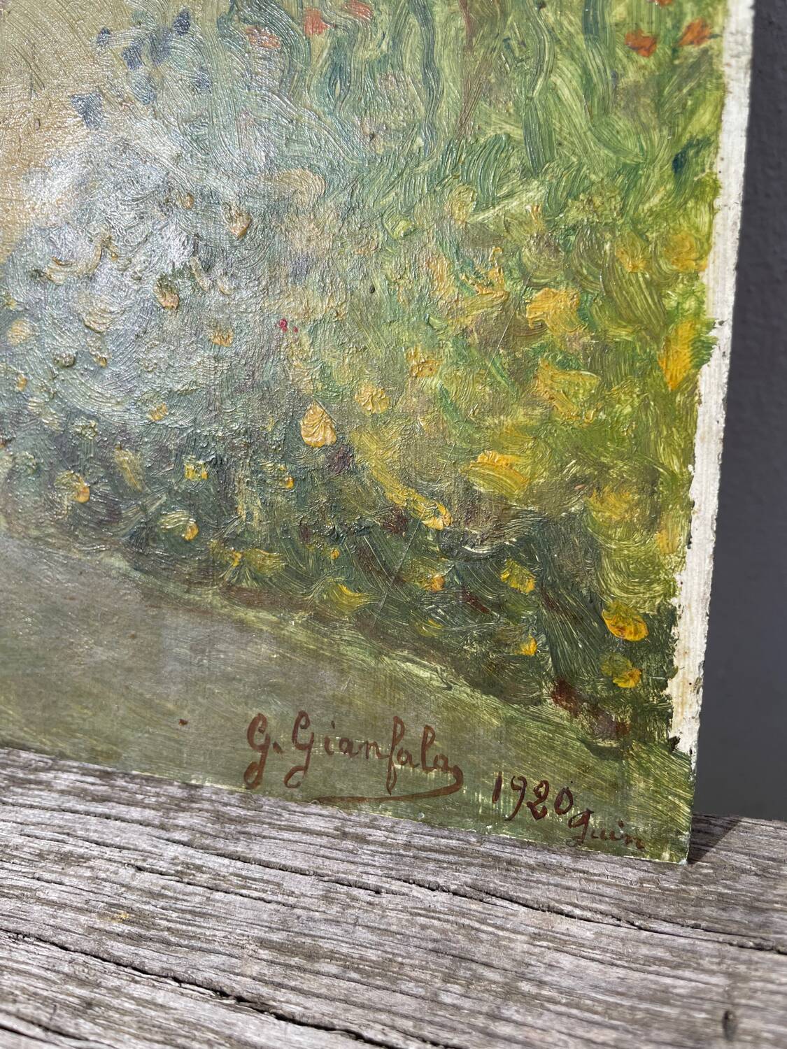 Paysage jardin à l’huile signé