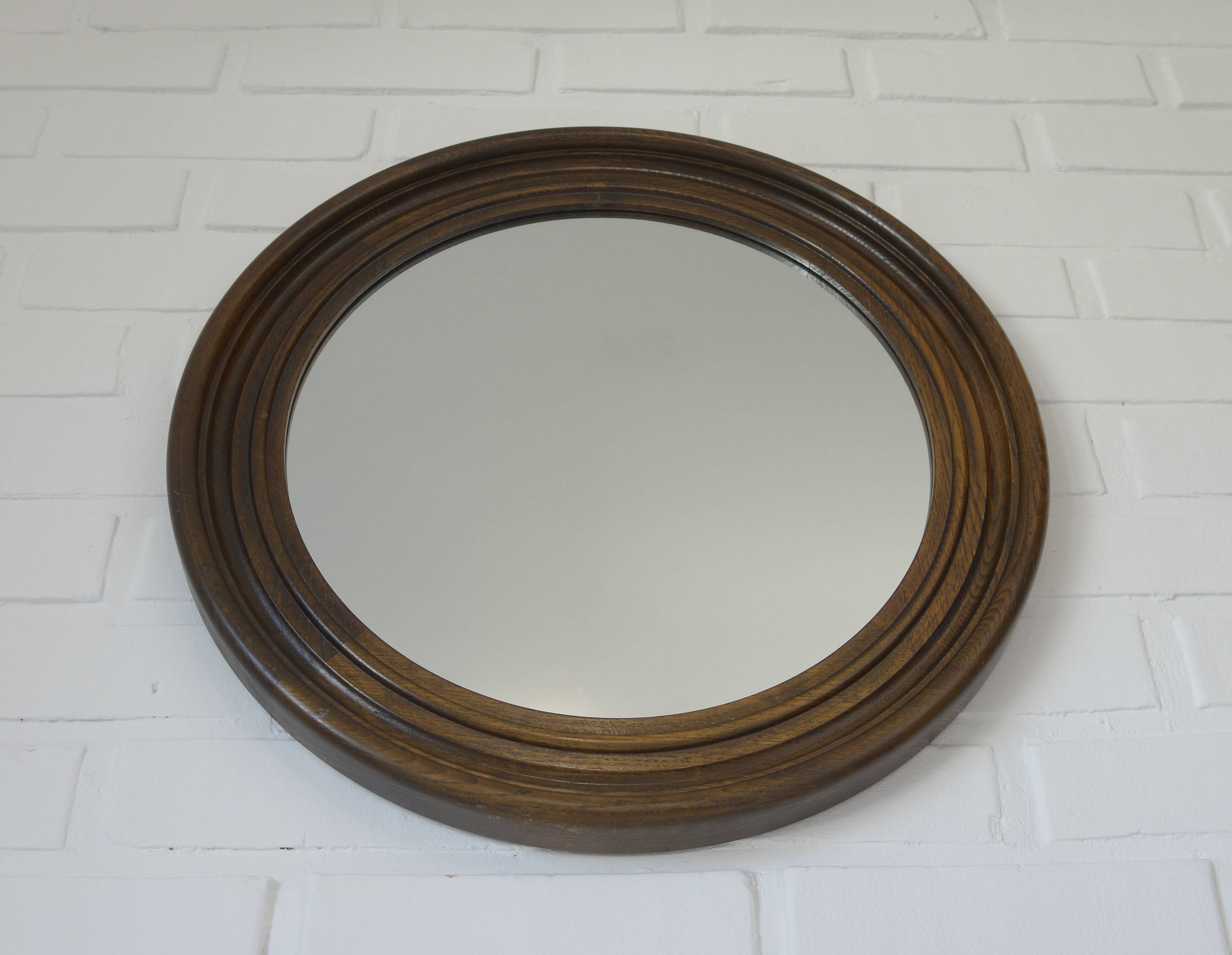 Grand miroir mural vintage en bois de chêne tourné, miroir de courtoisie rond rustique