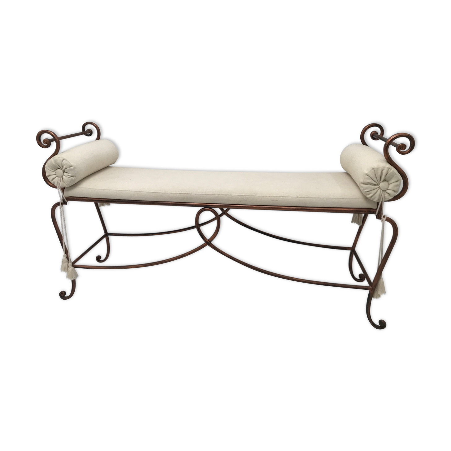 Copper wrought iron bench with cushions