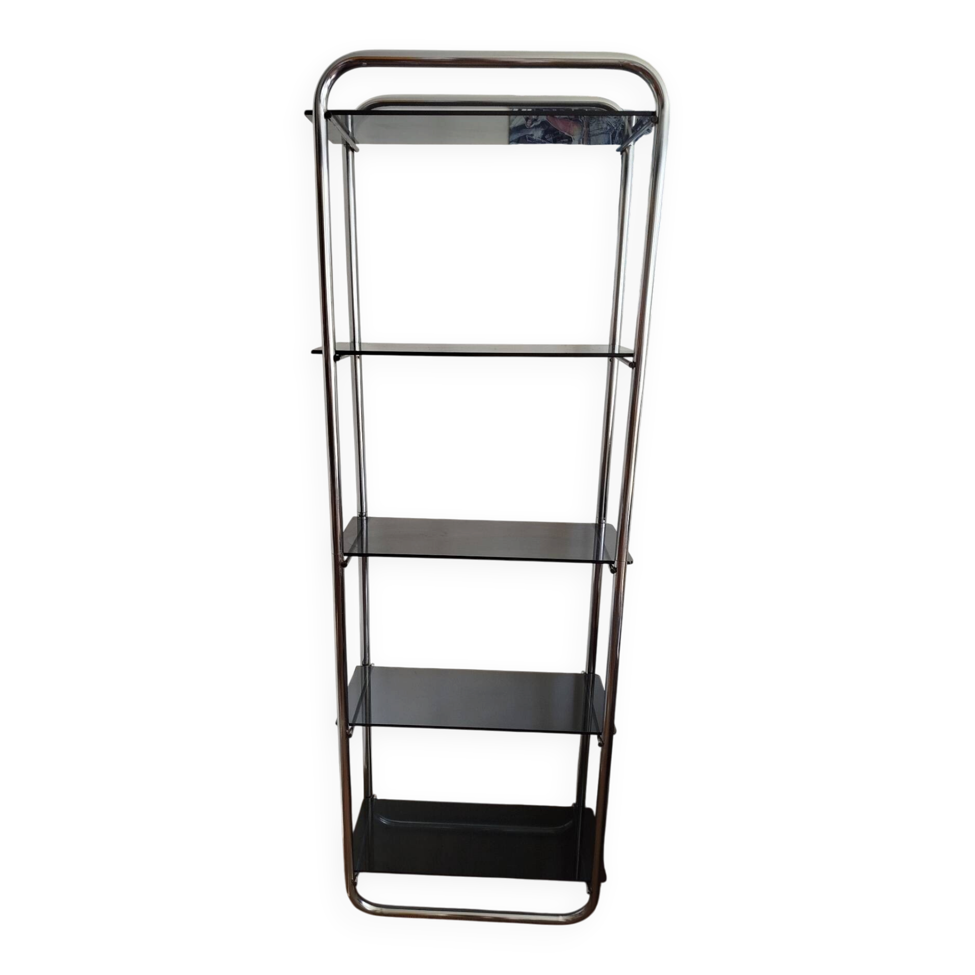 Étagère Bauhaus en métal chromé et verre fumé, années 70