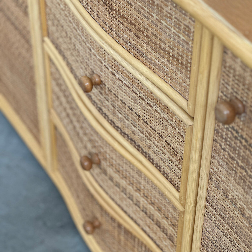 Vintage curved rattan sideboard, coastal credenza, wicker cabinet, boho buffet