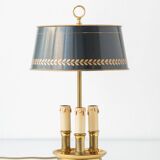 French Empire Bouillotte Lamp with Three Lights in Brass and a Gold-Plated Tin Shade with Laurel Design