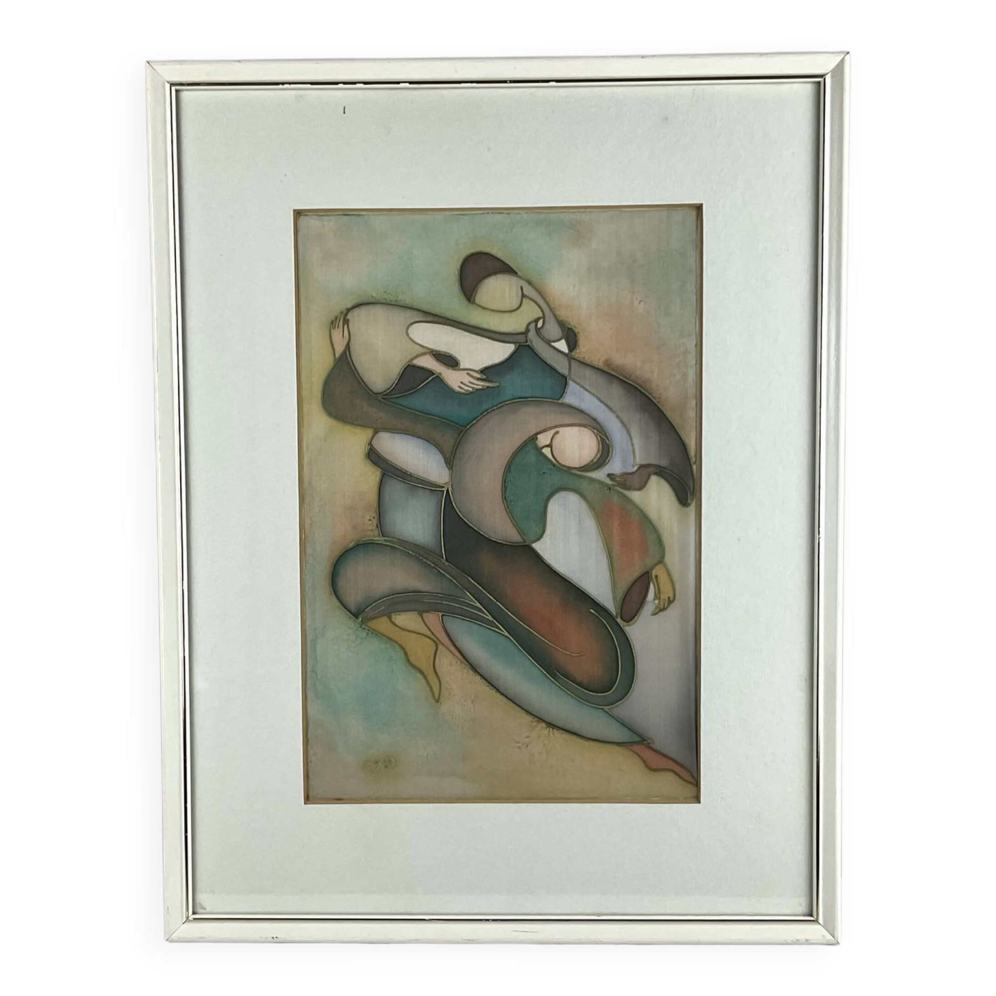 The dancers, painting on silk and vintage wooden frame