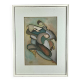 Les danseurs, peinture sur soie et cadre bois vintage