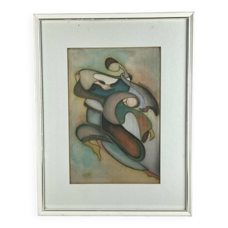 Les danseurs, peinture sur soie et cadre bois vintage