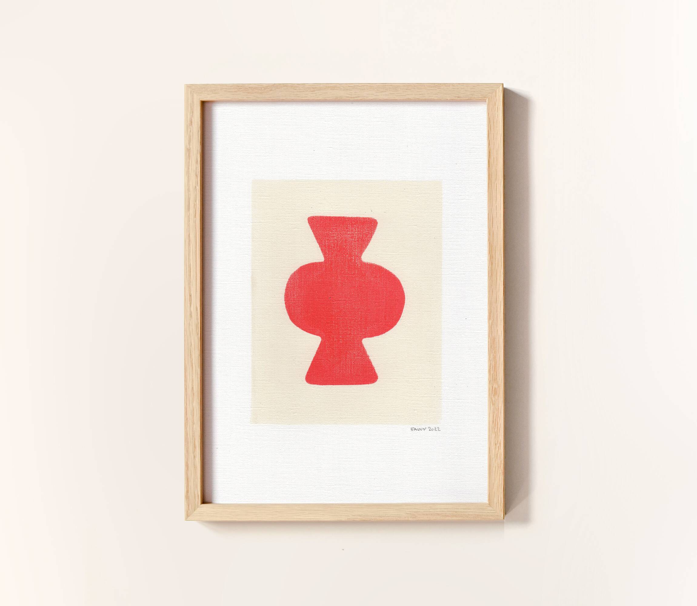 Abstract painting on paper, primary red, signed Eawy.