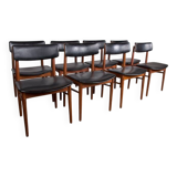 Set of 8 Danish chairs in teak, black leatherette and brass, Sven Chrobat/Sax.