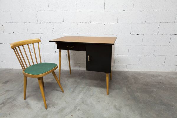 Bureau Baumann et sa chaise assortie 1960 formica bois et noir assise verte