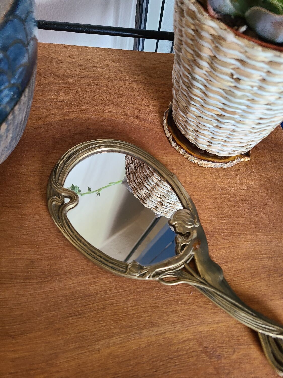 Old bronze mirror by hand, art deco woman's nude