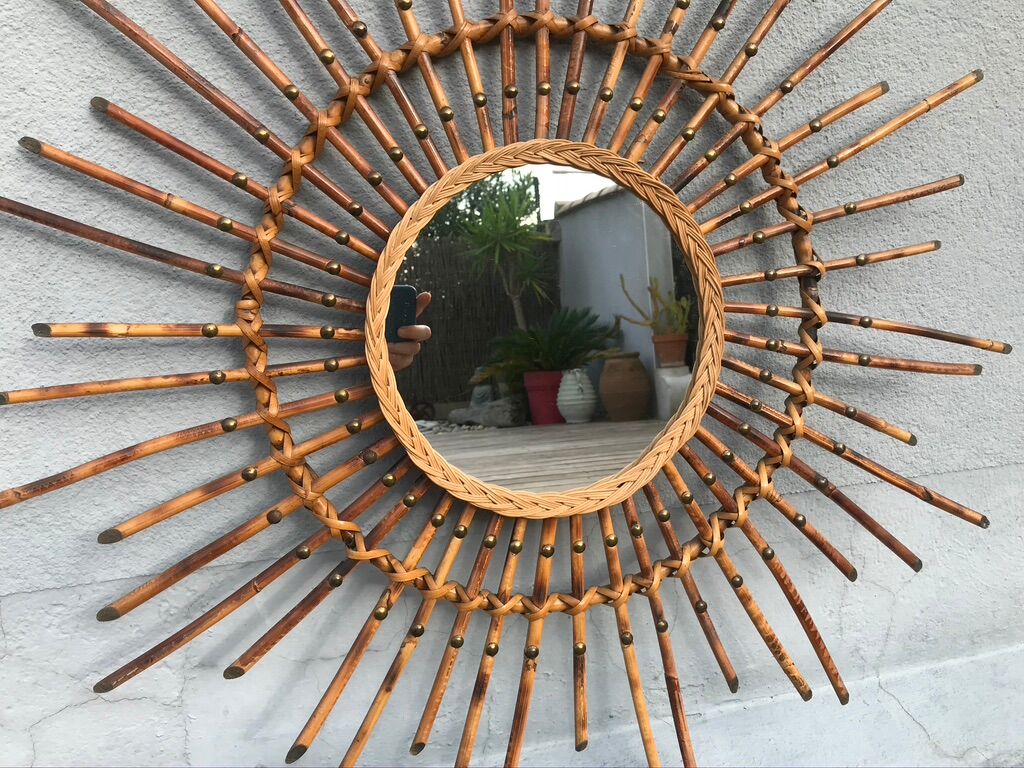 Miroir soleil rotin flammé 79cm