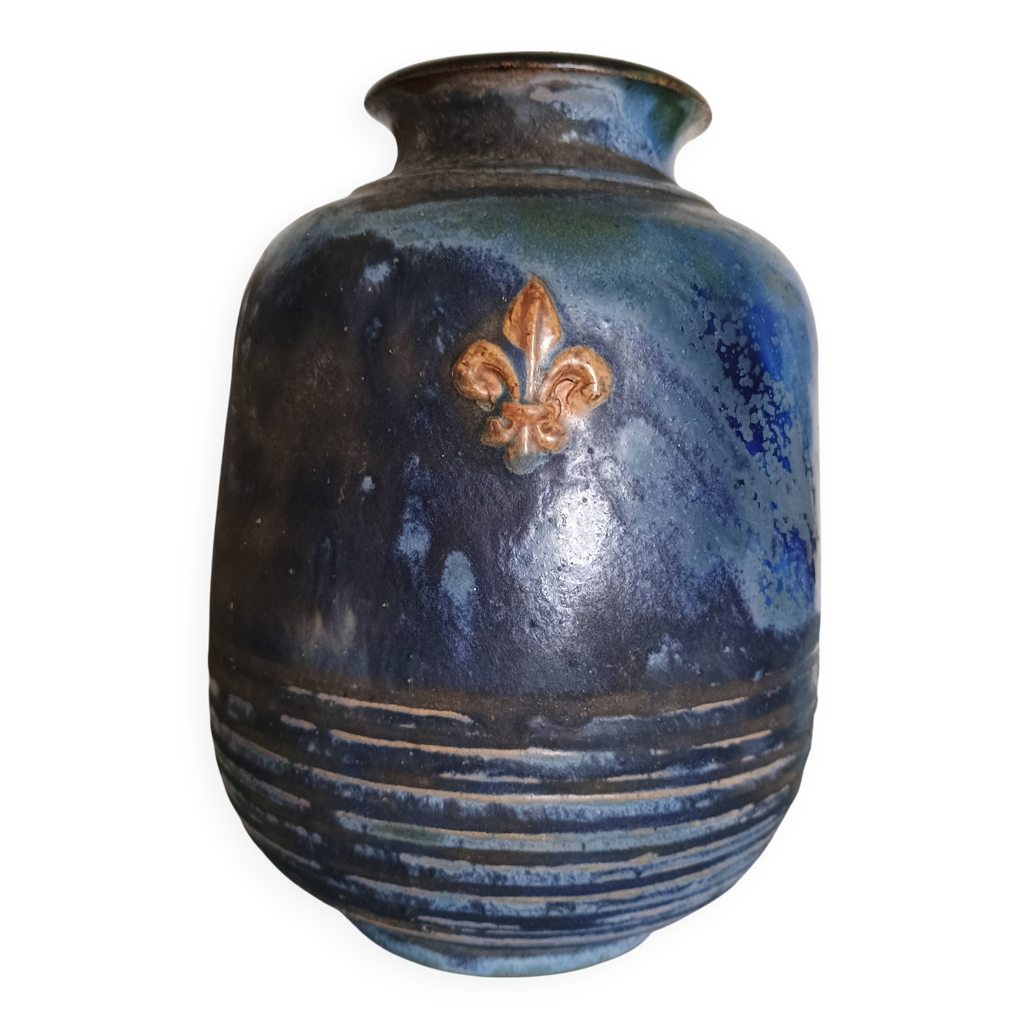 Vase with 2 small fleur-de-lis - glazed terracotta, cobalt