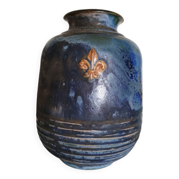 Vase with 2 small lilies - glazed terracotta, cobalt