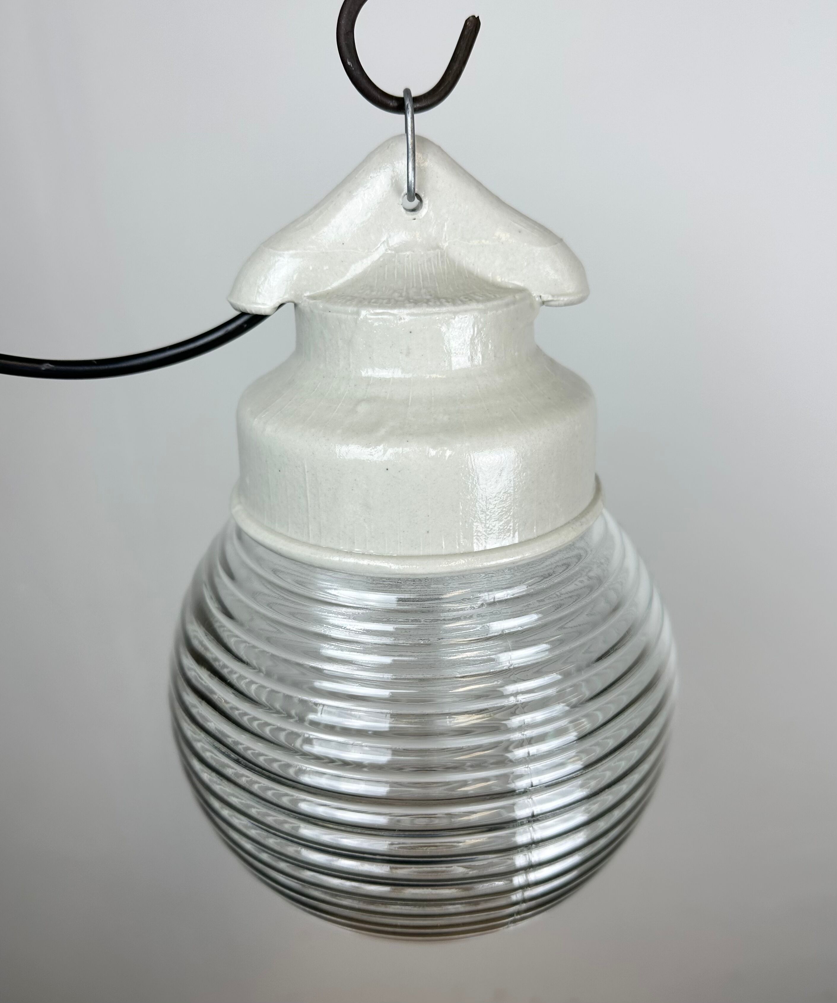 Industrial white porcelain pendant light with ribbed glass, 1970s