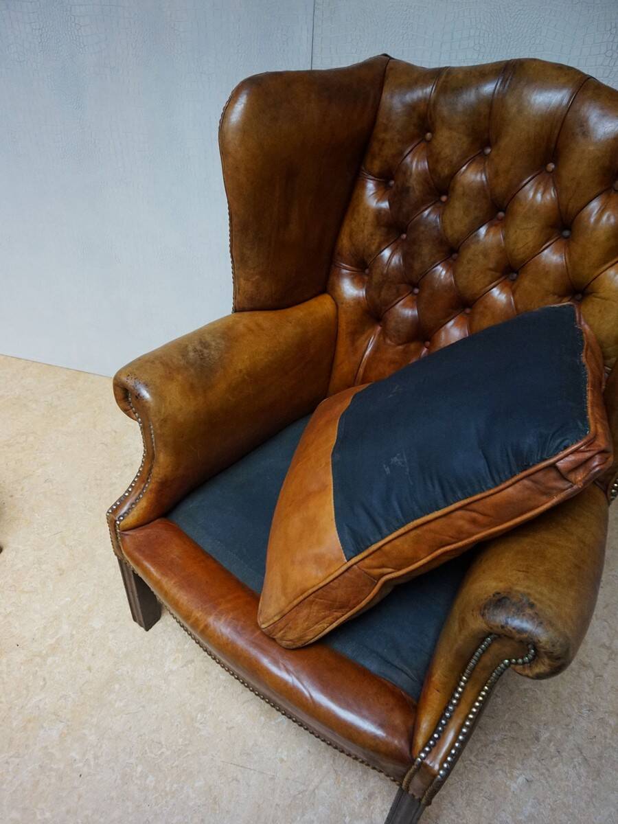 Vintage Cognac Leather Wingback Chesterfield Armchair, England 1940s